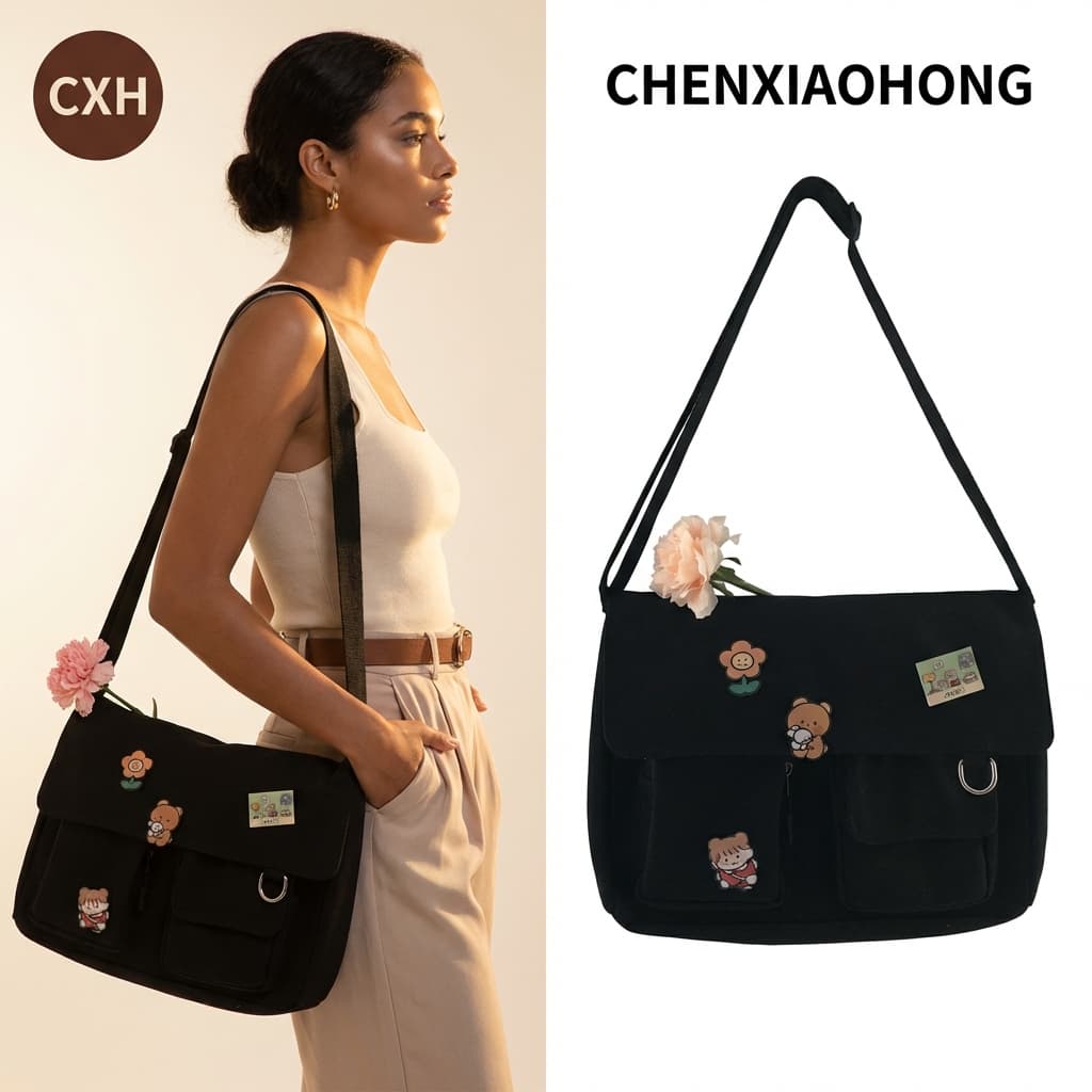 Bolsa transversal estilo Harajuku vintage, fofa e ideal para meninas. Bolsa de lona para estudantes. Bolsa carteiro.