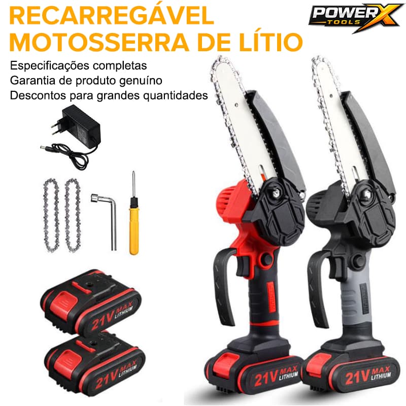POWERX Mini Motosserra Elétrica Portátil 33 cm Sem Fio – Corte de Galhos e Podas Rápidas