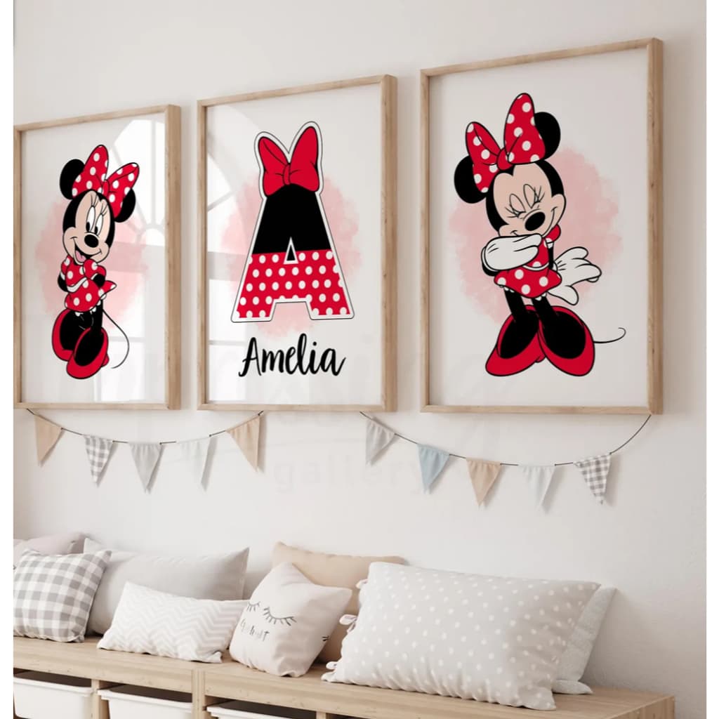 Kit Quadros Decorativos Trio 20x30 Minnie Mouse Vermelha Roxa Rosa Detalhes Infantil Nome Personalizado