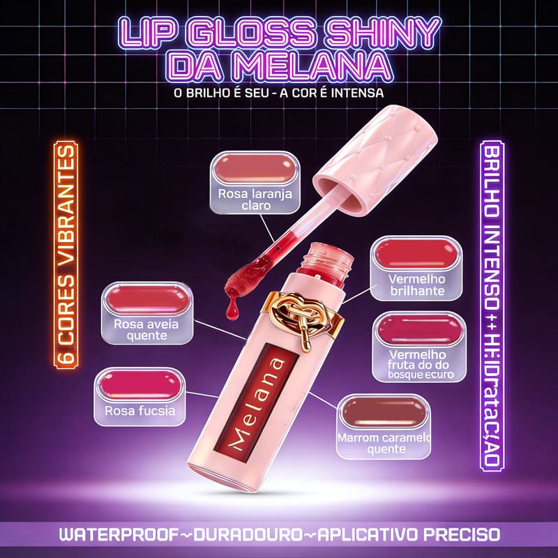 Melana Gloss Labial 6 Tons Brilho Intenso Alta Fixação Hidratante Maquiagem Feminina