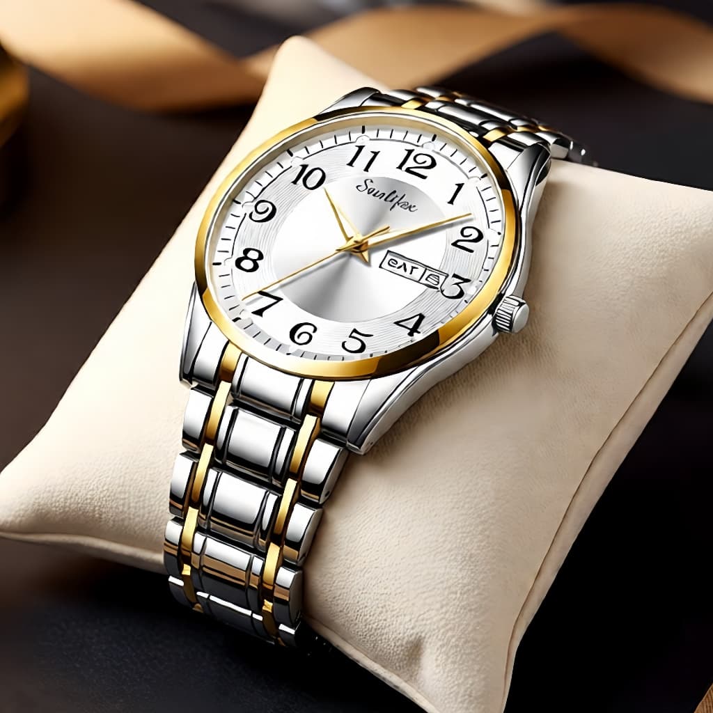 Relógio Masculino Sunlifex Premium de Quartzo Banhado a Ouro  Aço Inoxidável  à prova d'água Mostrador Luminos 9008