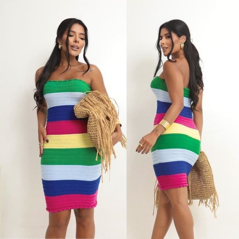 VESTIDO FEMININO VIRGINIA TRICOT, Vestido tomara que caia Colorido Verão Carnaval - Tricot Verão