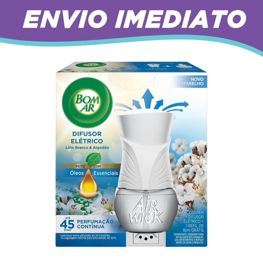 Difusor Aromas Elétrico Bom Ar Lírio Branco E Algodão + Refil 16ml