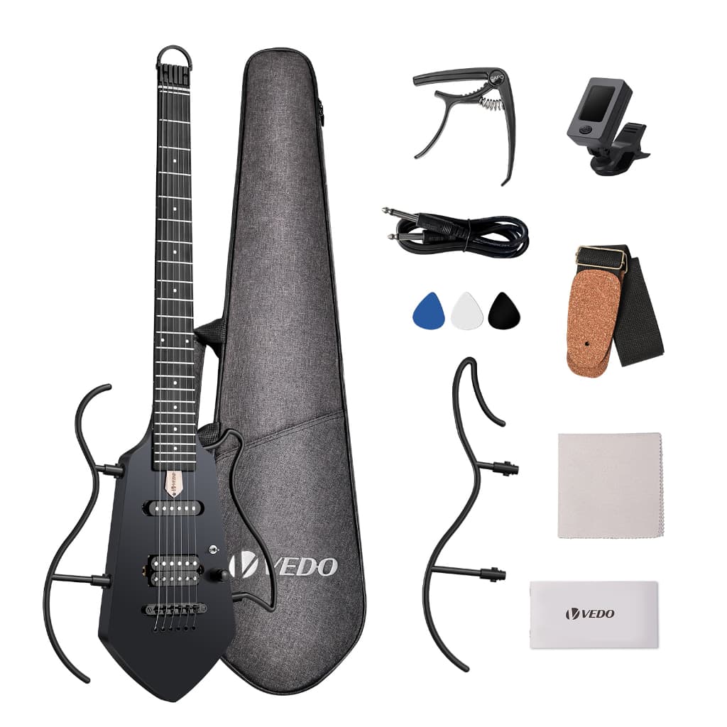 Guitarra elétrica silenciosa, portátil, dobrável, sem cabeça, fácil de montar, com bolsa de transporte.