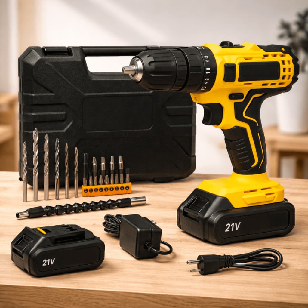 Parafusadeira Furadeira 21V 2 Baterias Com Maleta e Acessórios Completo Profissional Fácil Manuseio