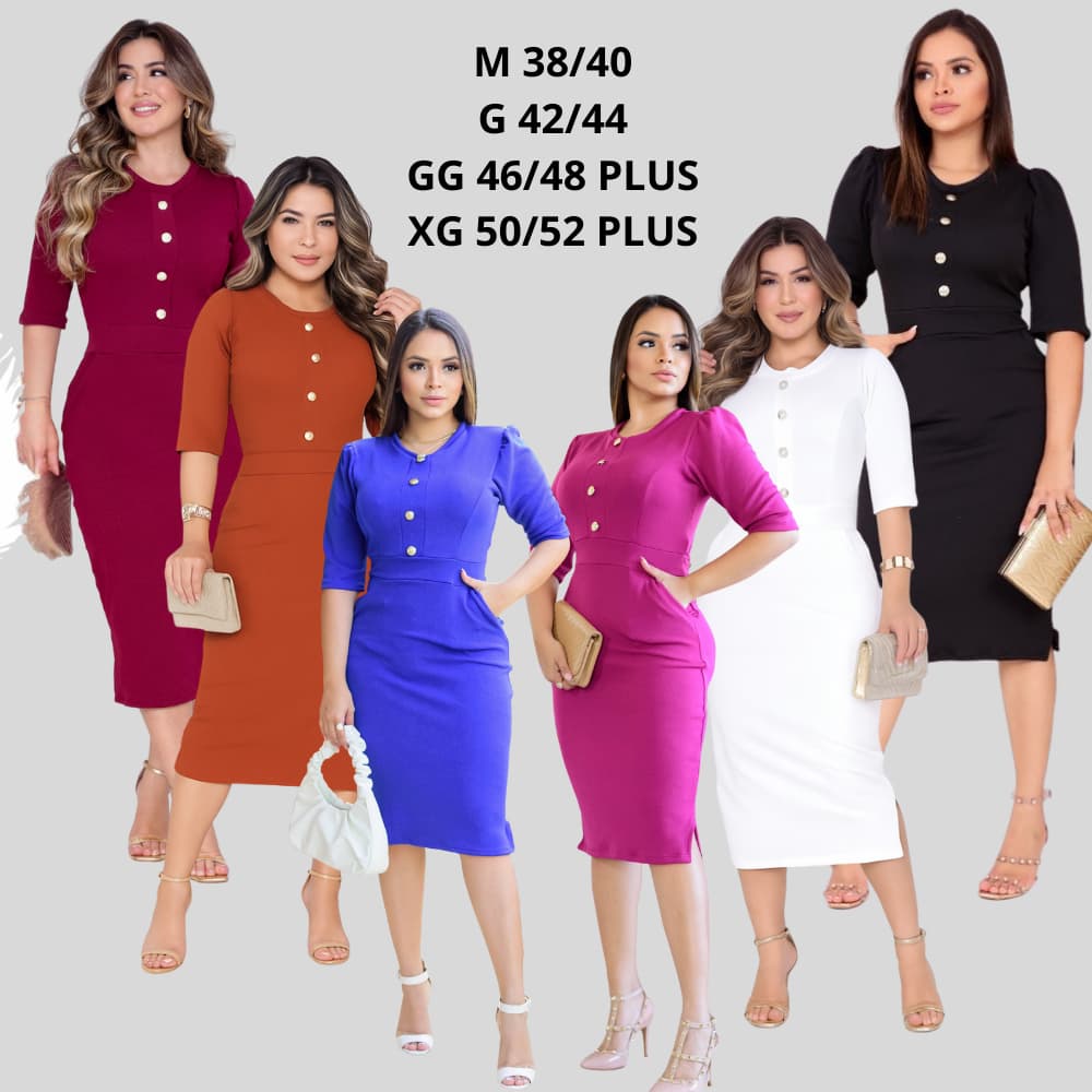 Vestido Feminino Social Midi Crepe Malha Bolso Botão Manga Bufante Moda Evangélica Casual Festa Plus