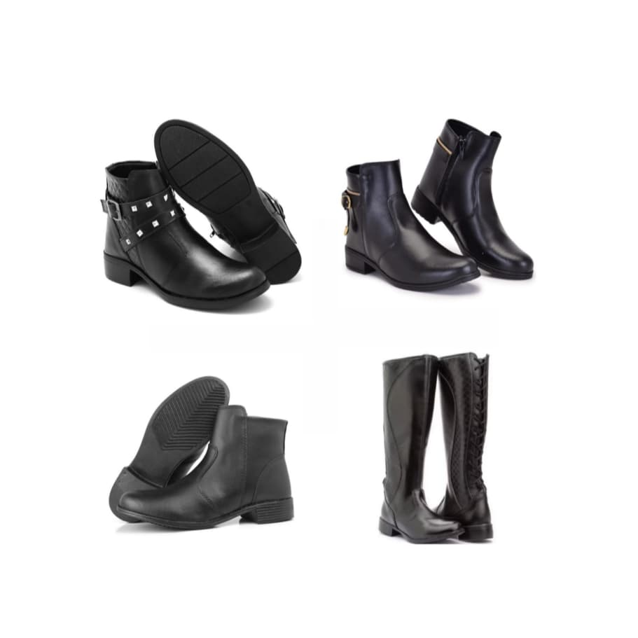Bota cano alto preta feminina+ botina preta feminina+ botinha preta feminina com fivelas+ botinha preta feminina zíper