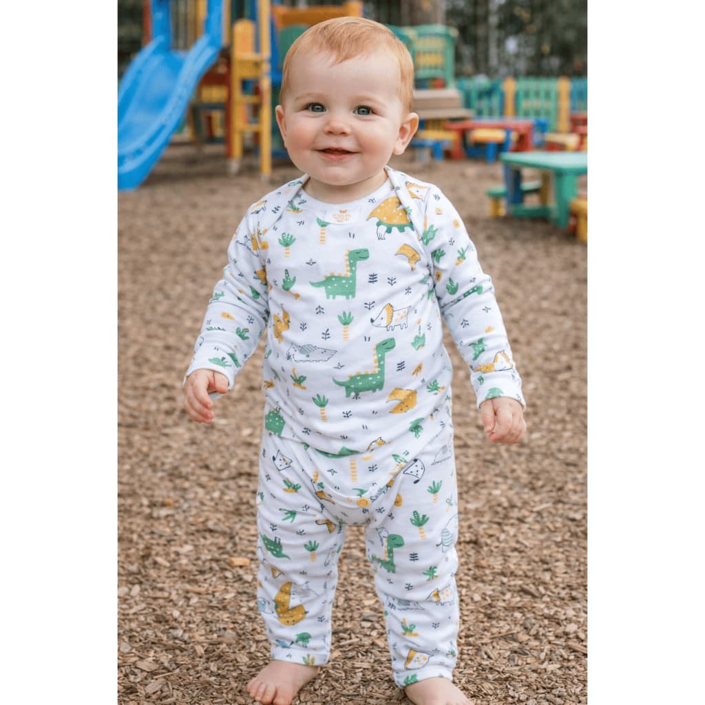 Conjunto Térmico Quentinho Bebê Pagão Longo Menino Inverno com Estampa de Dinossauro Verde
