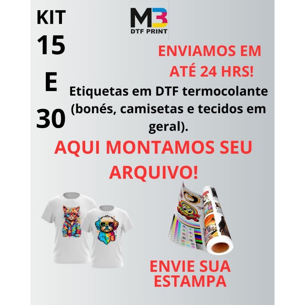 Pacote 15 OU 30 estampas DTF facil aplicar ferro de passar p camiseta UNIFORME ESCOLAR logo empresa.