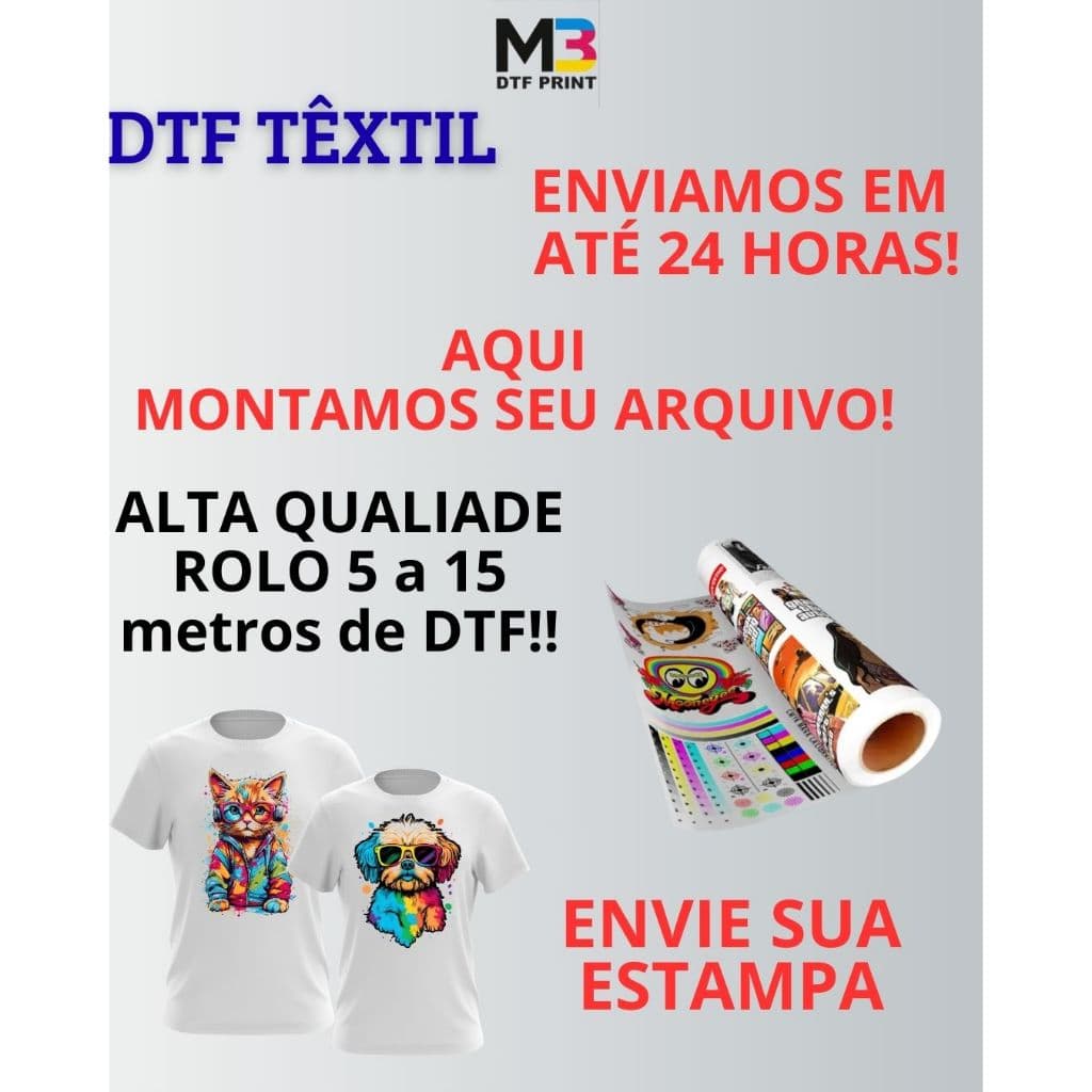 DTF Têxtil estamparia rolo de 5 a 10 metros de impressão de Alta Qualidade Para Blusas, camisetas e Bonés.Fixa com ferro