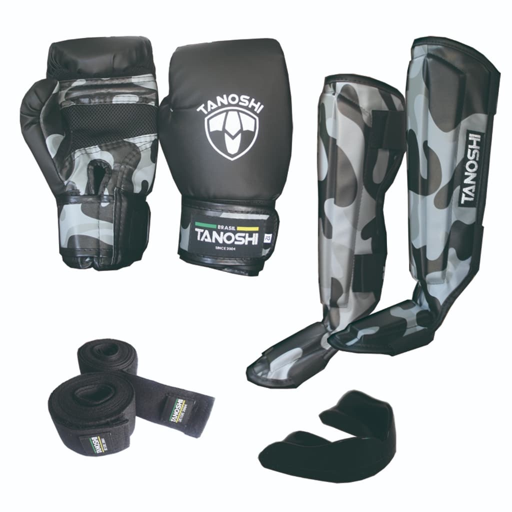 Kit Básico Luta Camuflado Luva Boxe Caneleira Bandagem Bucal