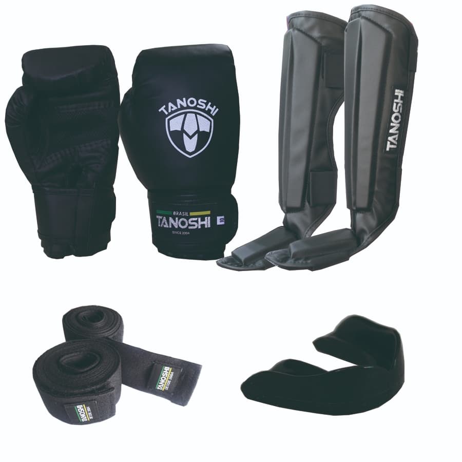 Kit Básico Luta Black Luva Boxe Caneleira Bandagem Bucal