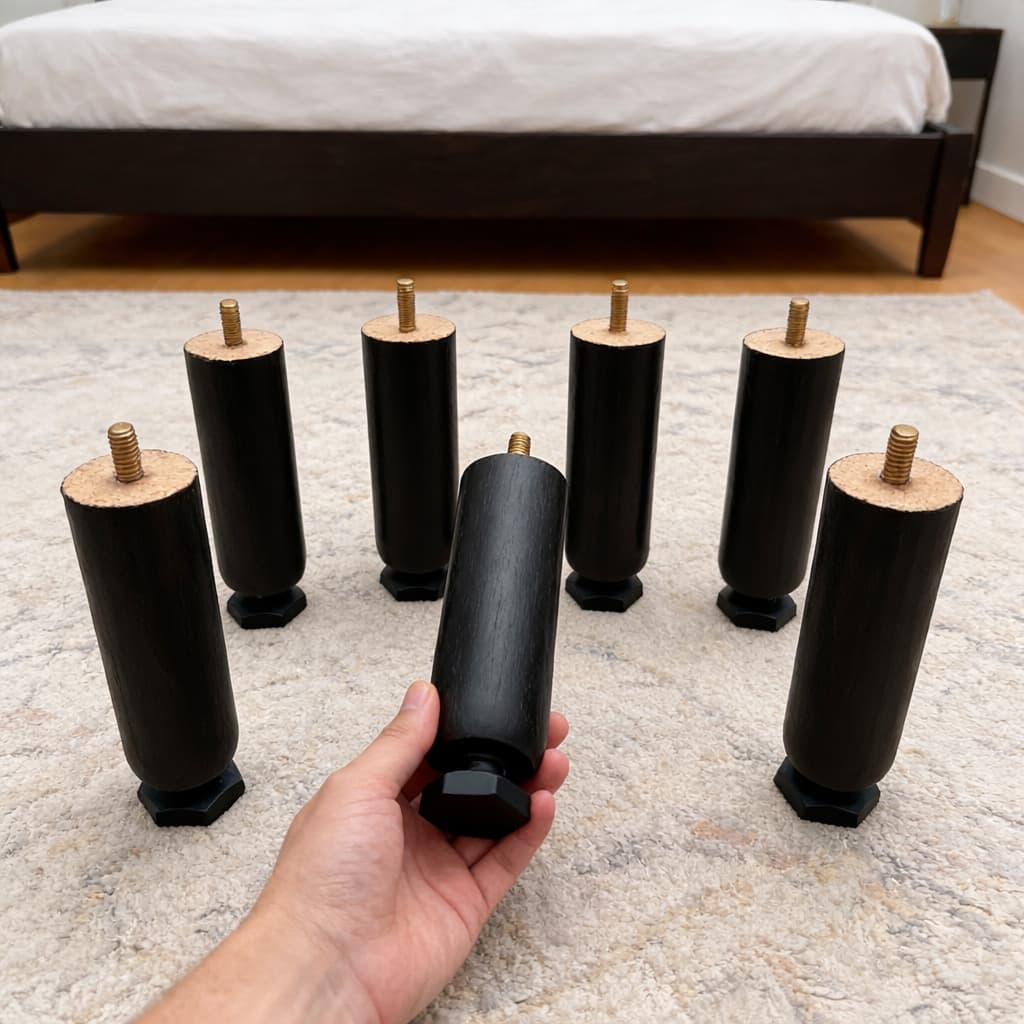 Kit 7 Pés para Cama Box com Nivelador Madeira 12cm Casal e Solteiro – Cor Preto