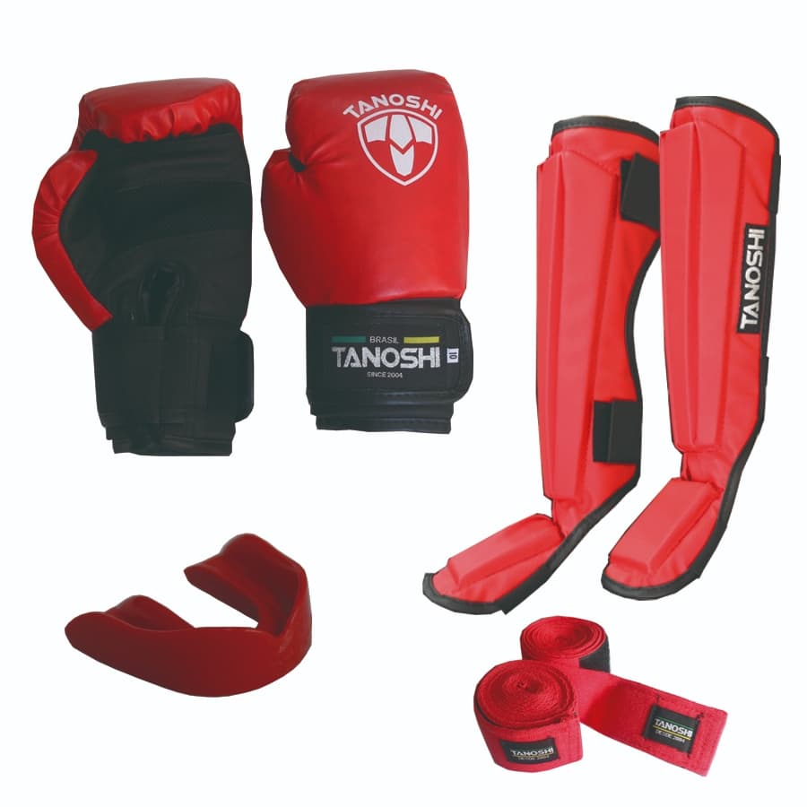 Kit Básico Luta Vermelho Luva Boxe Caneleira Bandagem Bucal