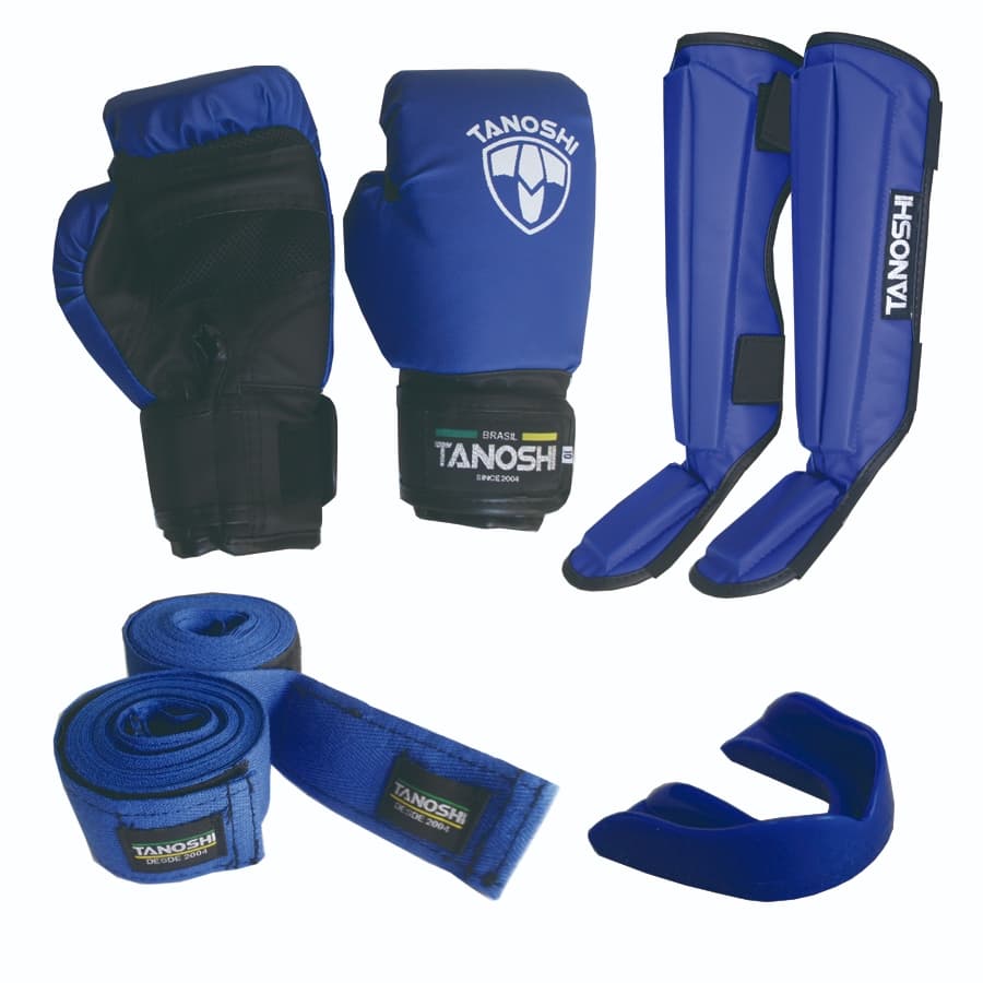 Kit Básico Luta Azul Luva Boxe Caneleira Bandagem Bucal