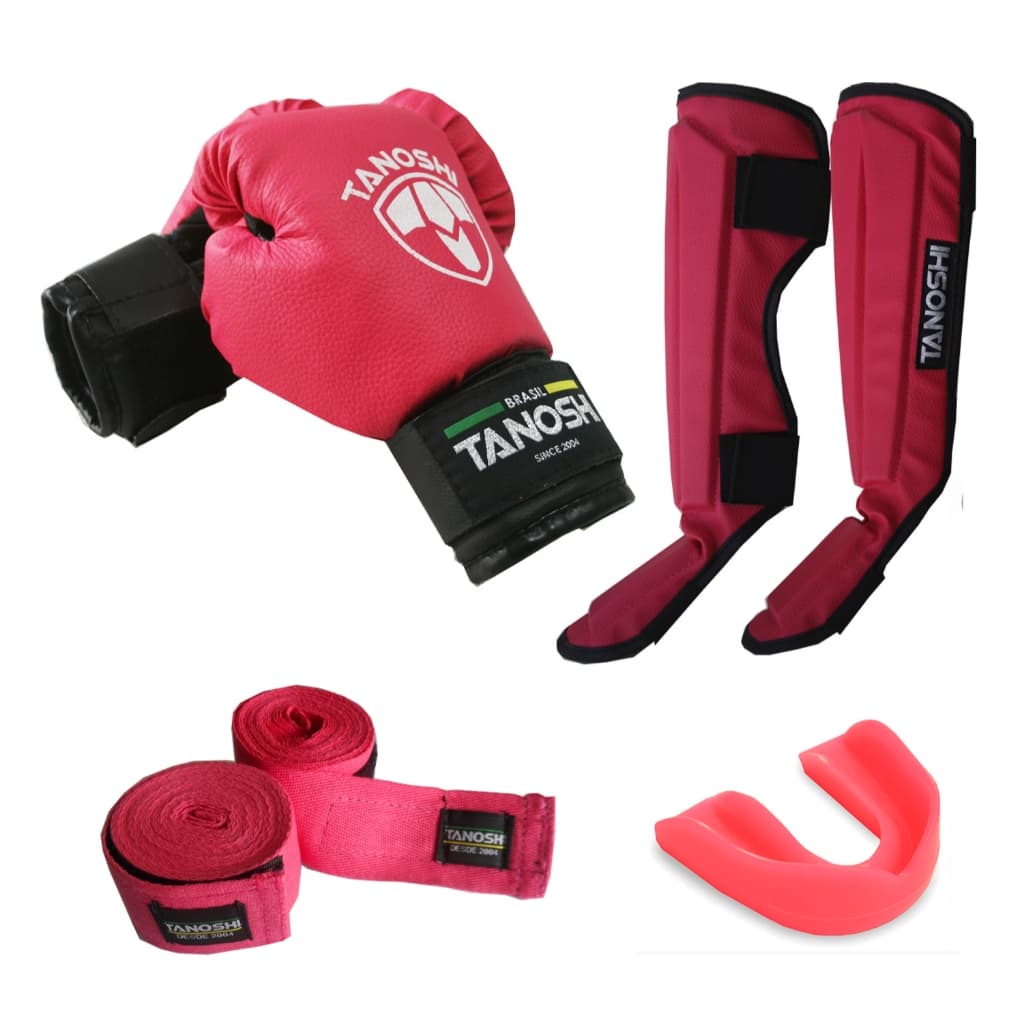 Kit Básico Luta Rosa Pink Luva Boxe Caneleira Bandagem Bucal