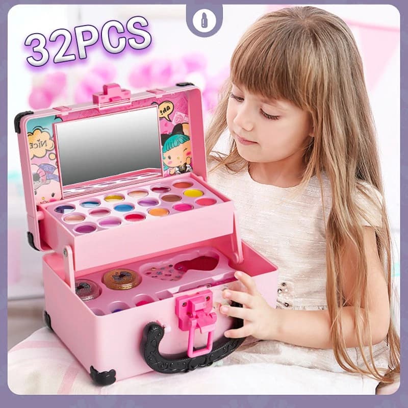 32 Peças Maleta de Maquiagem Infantil Lavável | Conjunto Seguro para Meninas com Sombra, Batom e Esmalte