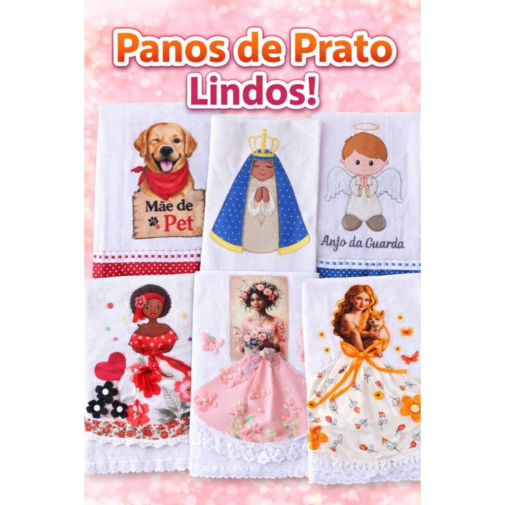 Pano de Prato Bordado, Bonequinha e Patchwork