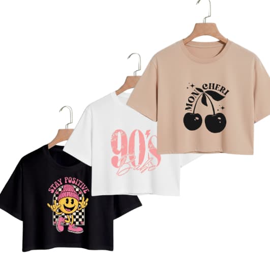 Kit Crooped Estampas Variadas Cropped Anos 90s Cropped Cereja Cropped Stay Positive - Malha 100% Algodão - Lançamento