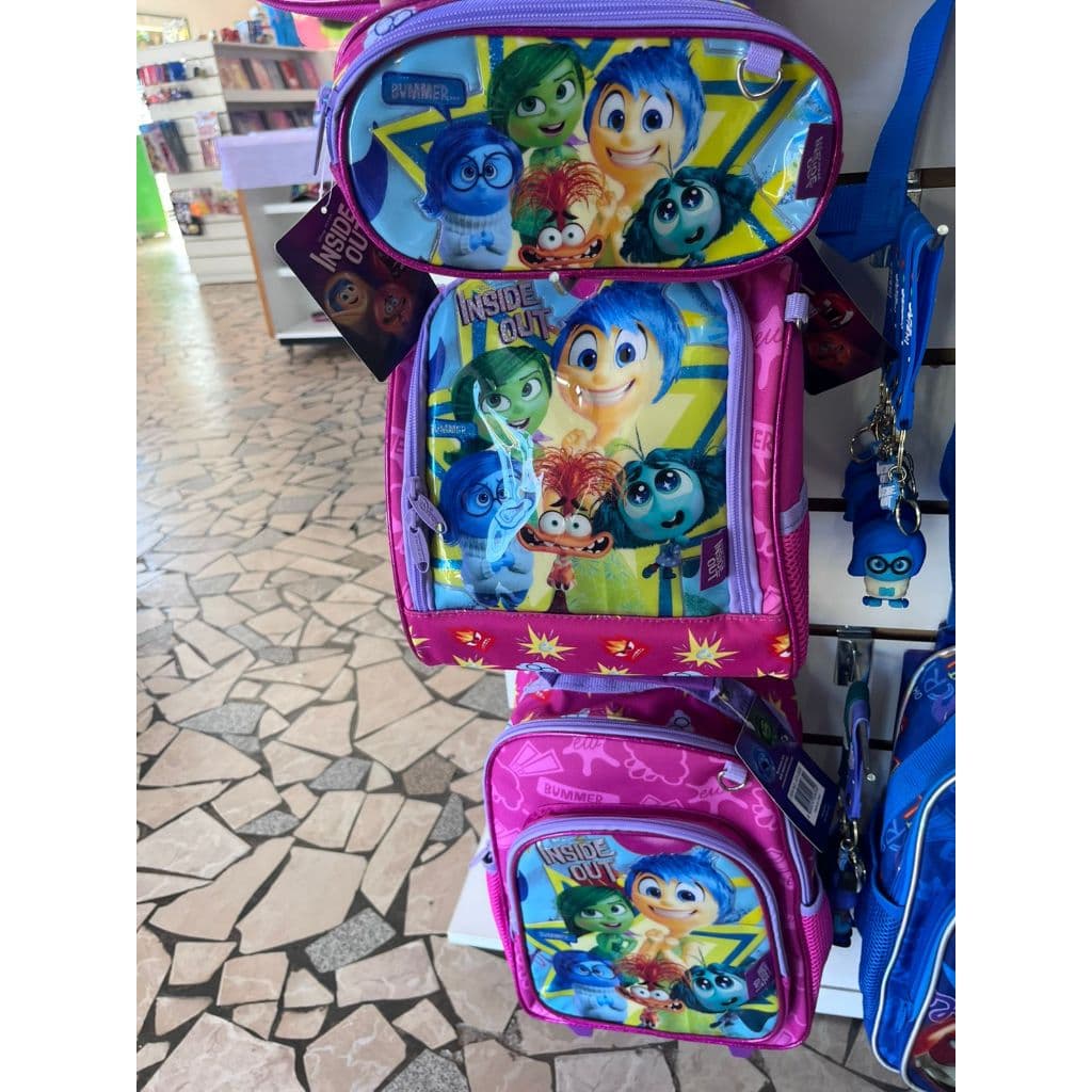 MOCHILA SENTIMENTOS DIVERTIDAMENTE pequena rodinha e lancheira ESTOJO térmica divertidamente rosa CUT FOFINHA RILEY