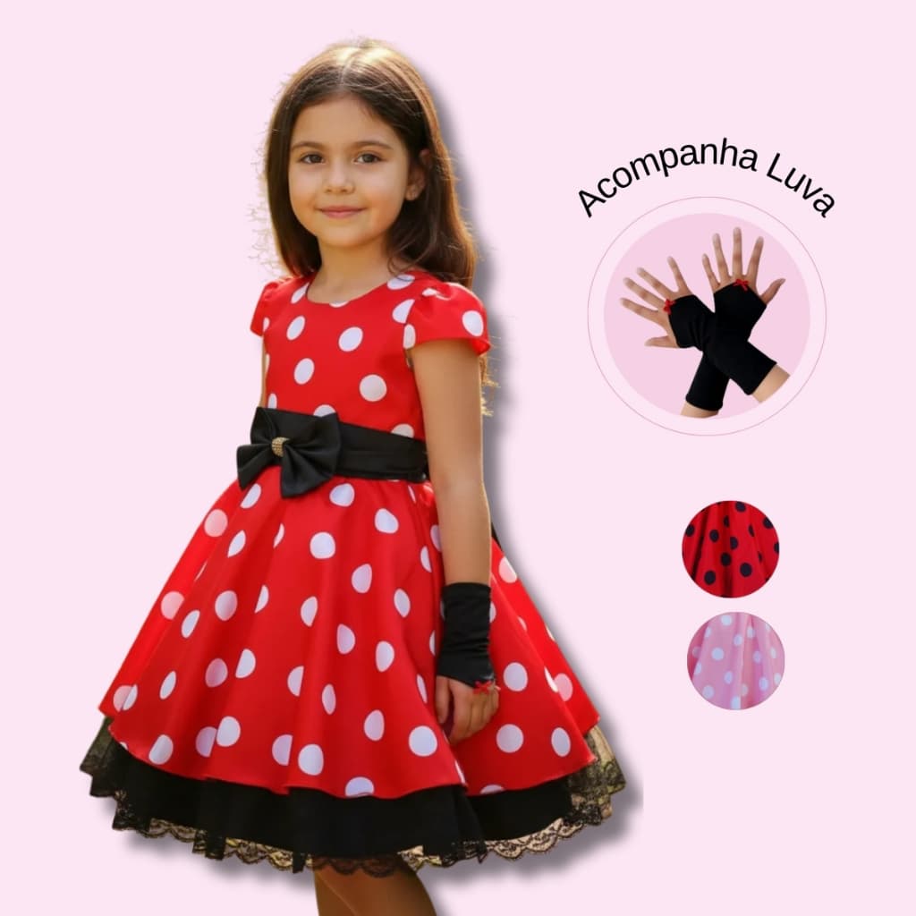Vestido De Festa Infantil Curto Minnie Luxo Com Presilha De Cabelo