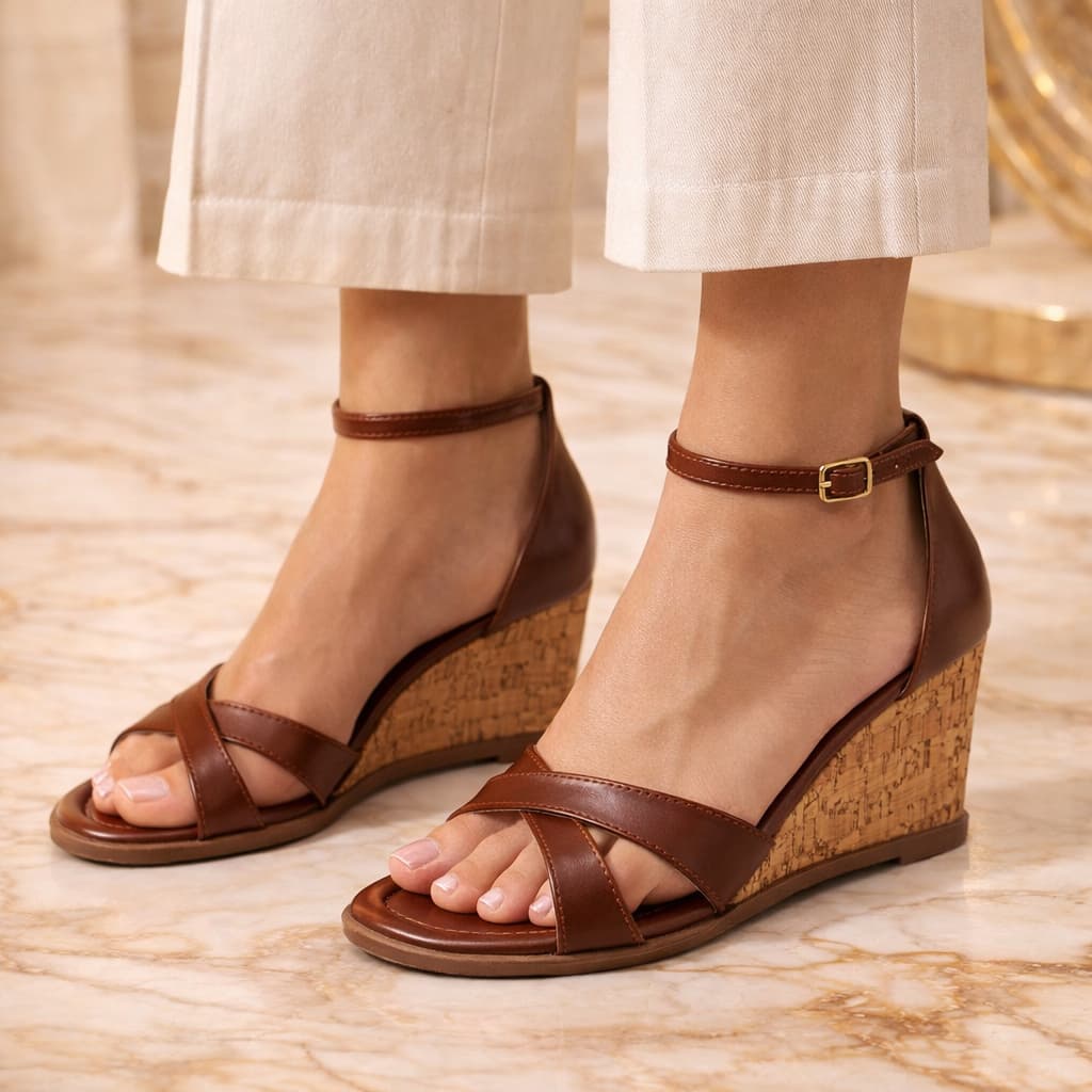 Sandália Feminina Flatform Salto 7,5 cm Cortiça Tira Cruzada Fivela Confortável Elegante Casual