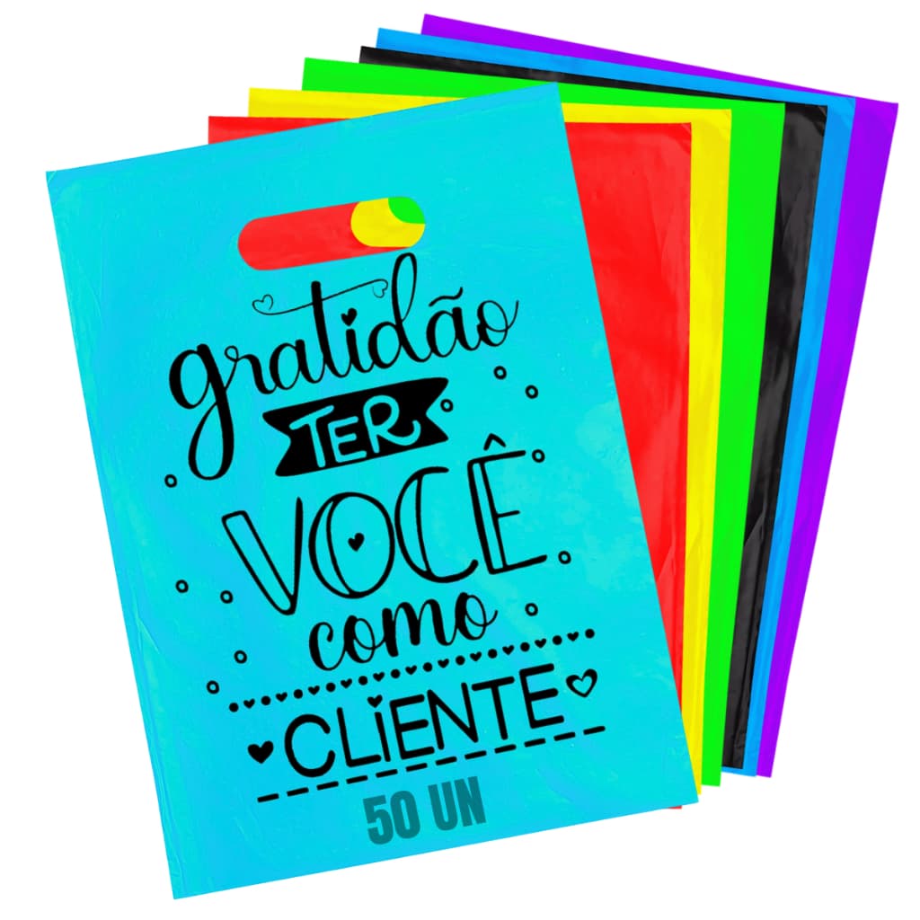 Kit 50 Sacola Plástica Personalizada Gratidão 30x40 Alça Vazada Boca de Palhaço