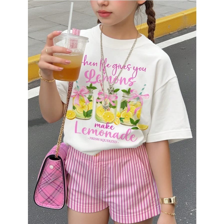 T-Shirt Infantil Meninas Lemonade Estampada Casual Blusinha Algodão Luxo Estilo Vintage Teen