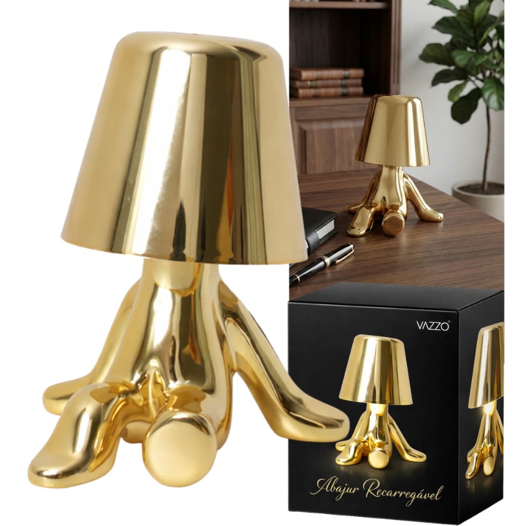 Luminária Abajur Mesa Boneco Dourado 3 em 1 Recarregável Bivolt Moderna Vazzo