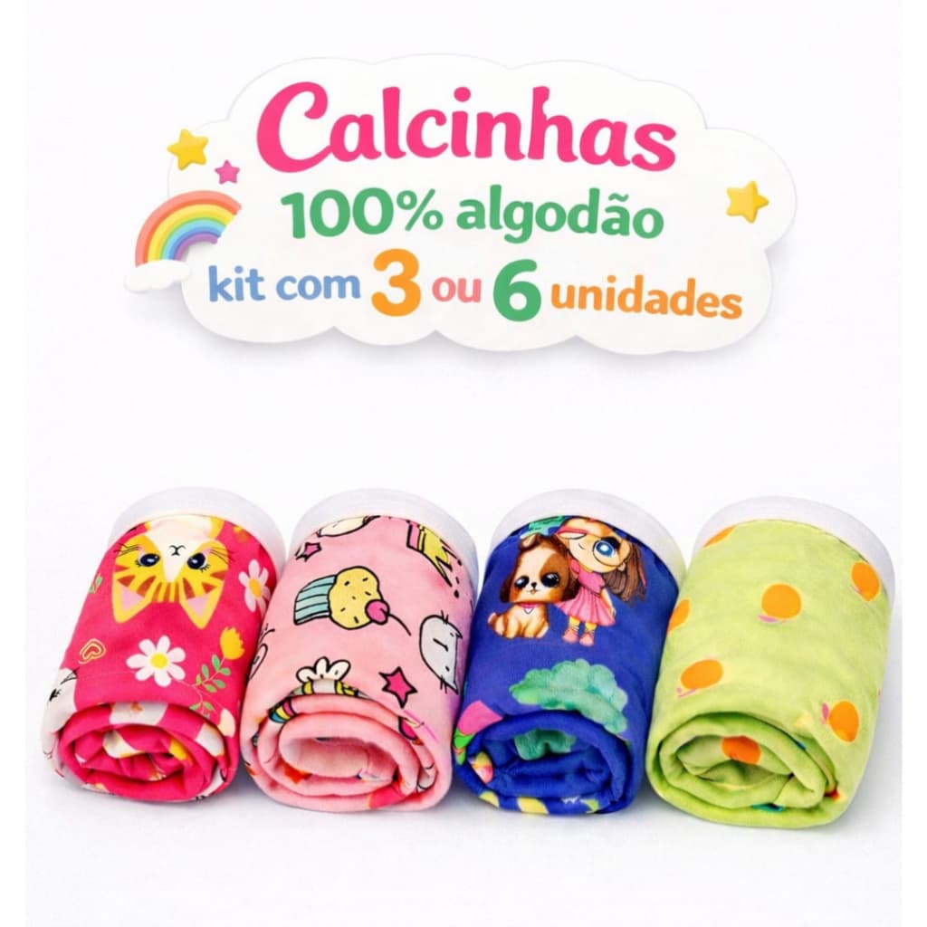 Kit 3 ou 6 calcinhas infantil menina de 2 a 10 anos 100% algodão com forro estampas sortidas