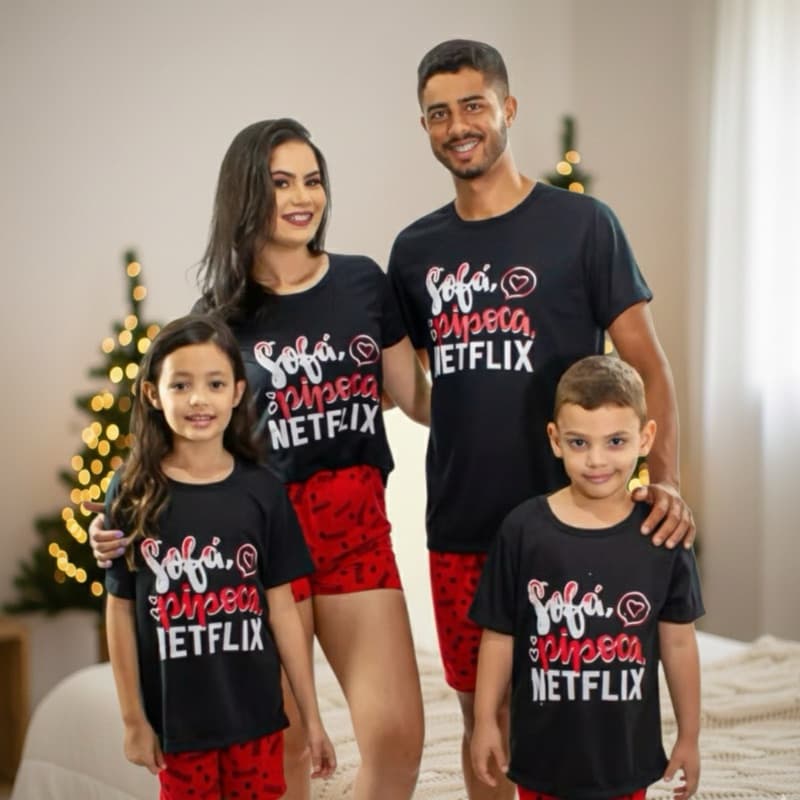 Pijamas Netflix Infantil Verão Unissex Família Preto e Vermelho