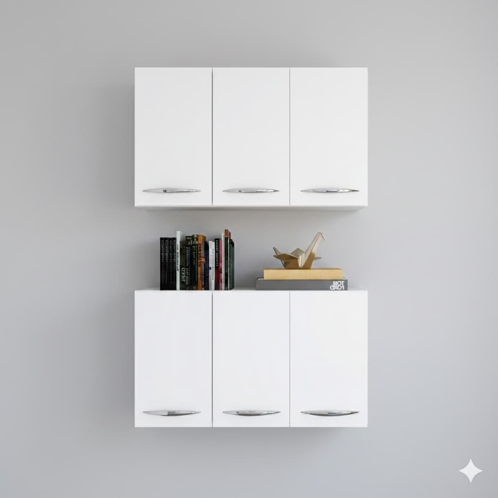 Kit 2 Armários Suspenso de Parede Aéreo 3 Portas Organizador Multiuso Branco Puxador Cromado
