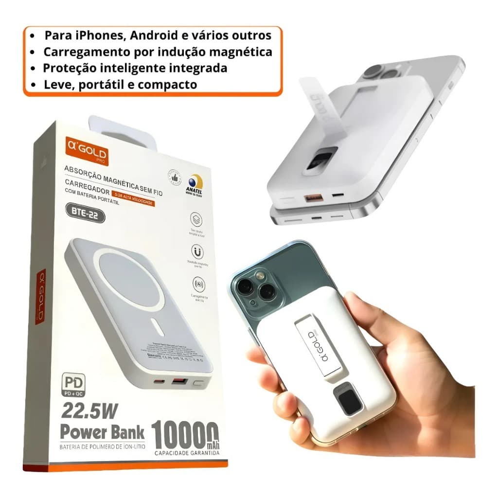 Power bank magsafe 10000mah para iphone carregamento sem fio BTE-22 indução A' GOLD PRO ORIGINAL