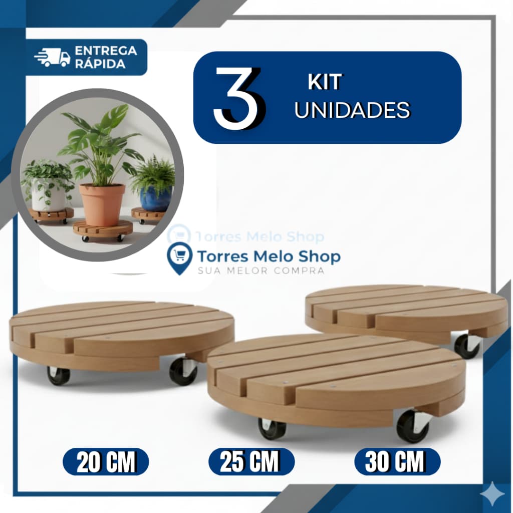 Kit com 3 Suporte Redondo Com Rodinhas Para Botijão Ou Vaso De Planta 20cm 25cm 30cm Suporta Até 80 kg
