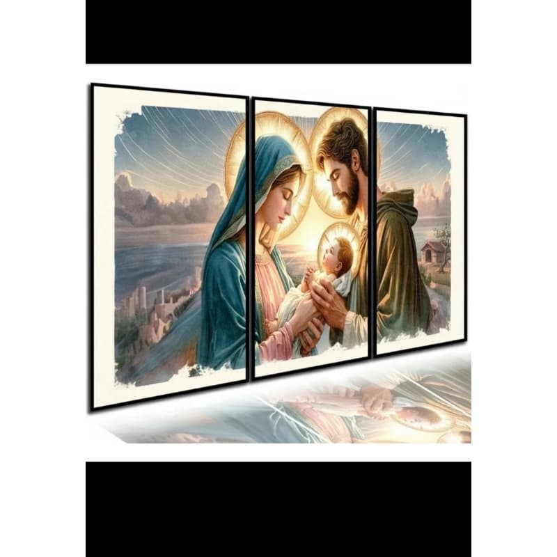Kit 3 Quadros Decorativos Sagrada Família Religioso MDF 40x60cm + Fita Dupla Face