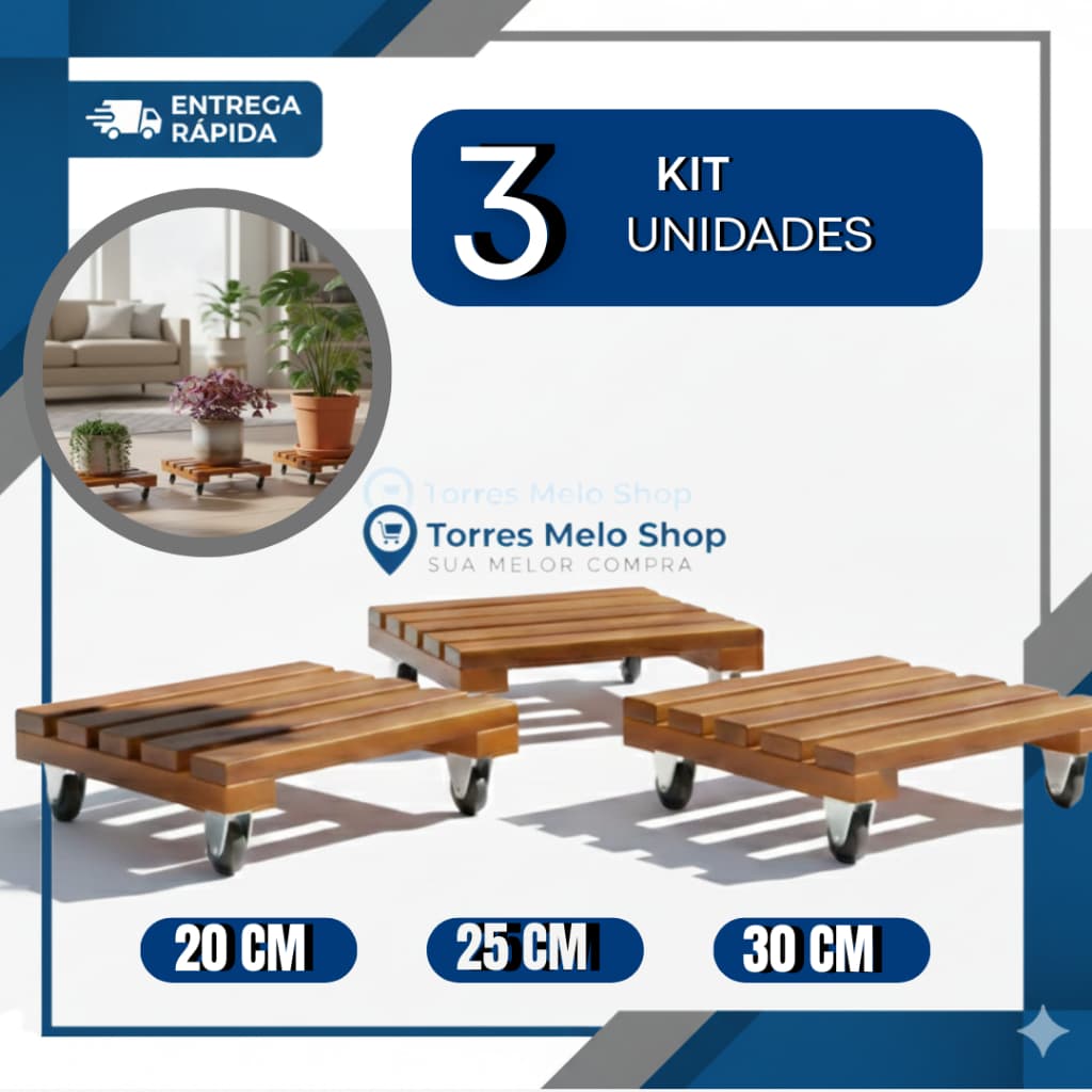 Kit com 3 Suporte Quadrado Madeira Com Rodinhas Para Botijão Ou Vaso De Planta  Suporta Até 80 kg
