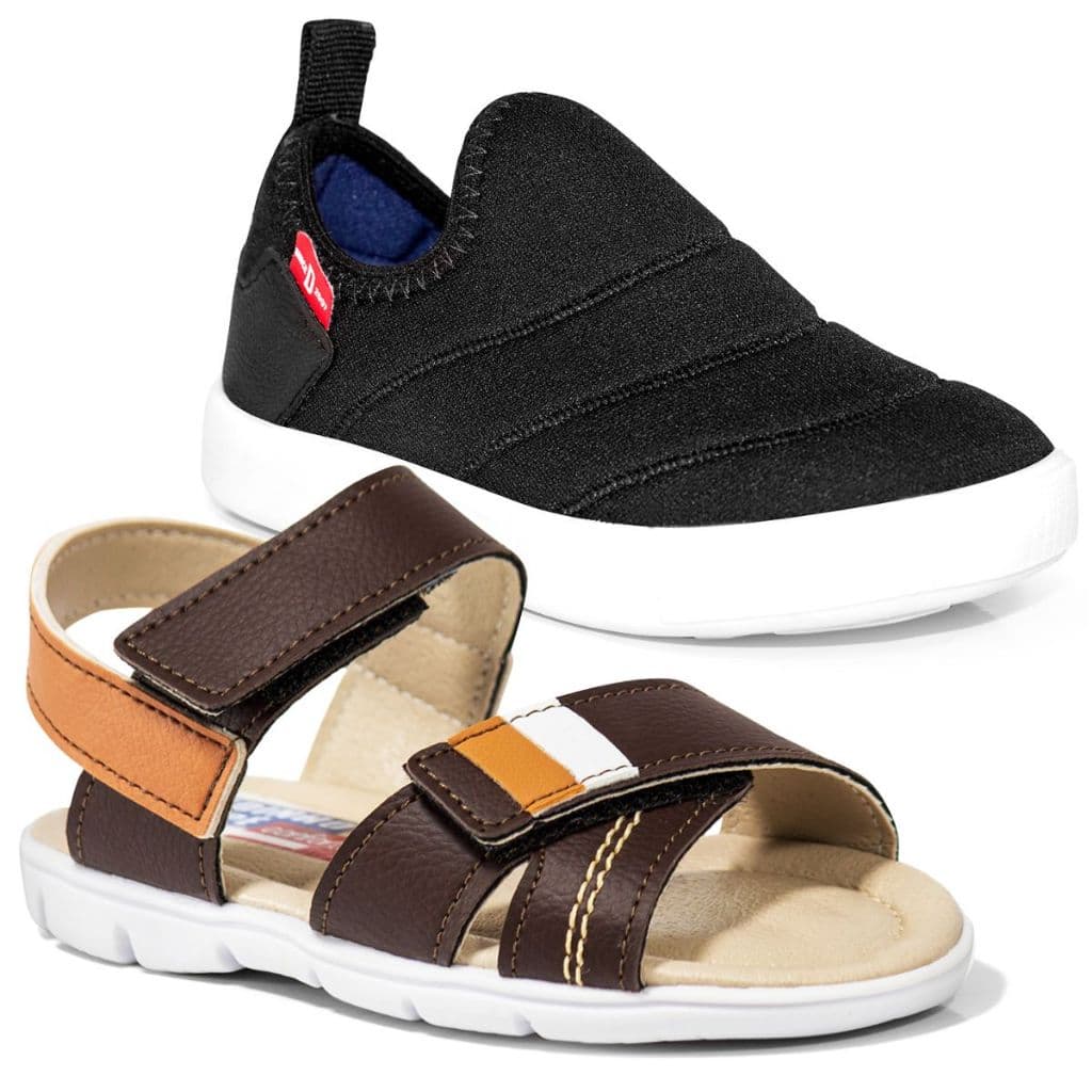 Kit 2 Pares Tênis e Sandália Infantil Masculino Casual Escolar Menino Leve Confortável Preto e Azul