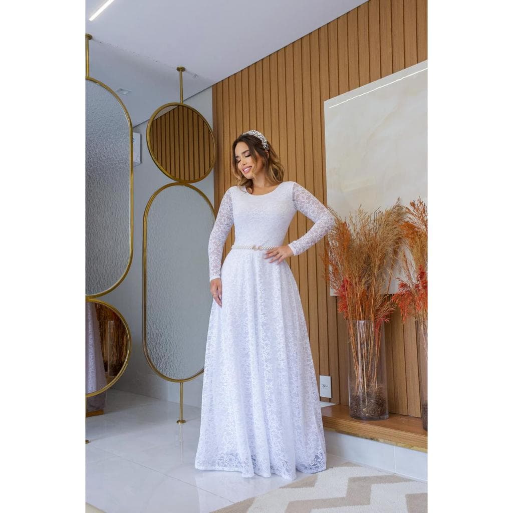 Vestido Longo de Renda Poliamida Com Elastano Manga Longa Forrado Para Noivas