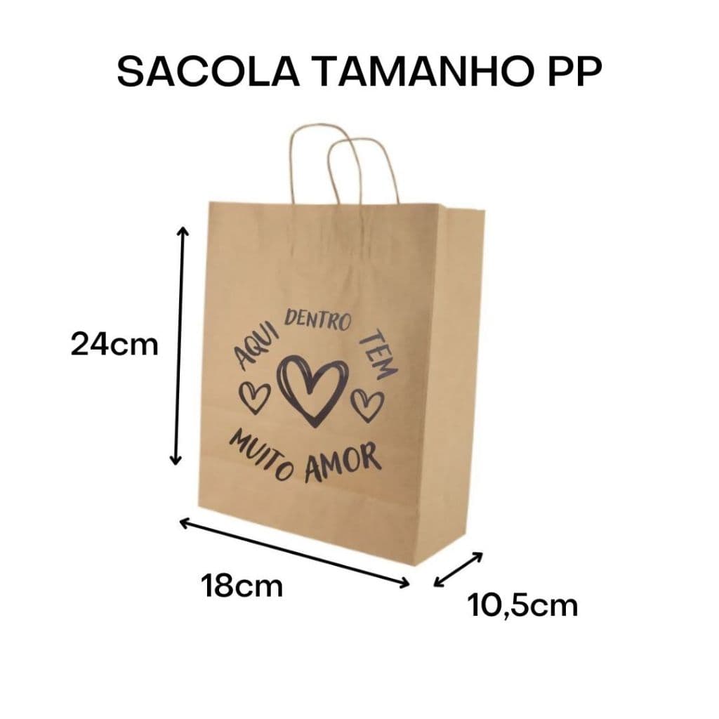 25 Sacolas Coração Kraft PP Tam 24x18x10,5 Alça Torcida