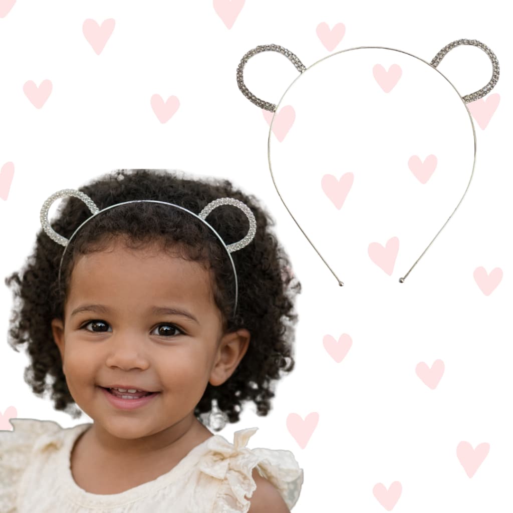 Tiara Infantil Orelha de Urso com Strass Prateada Acessório Festa Fantasia Menina Carnaval