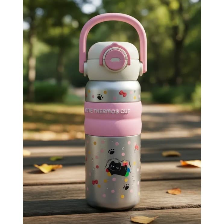 Garrafa Térmica Infantil 620ml ou 500ml - Fofa Com Canudo Alça E Trava