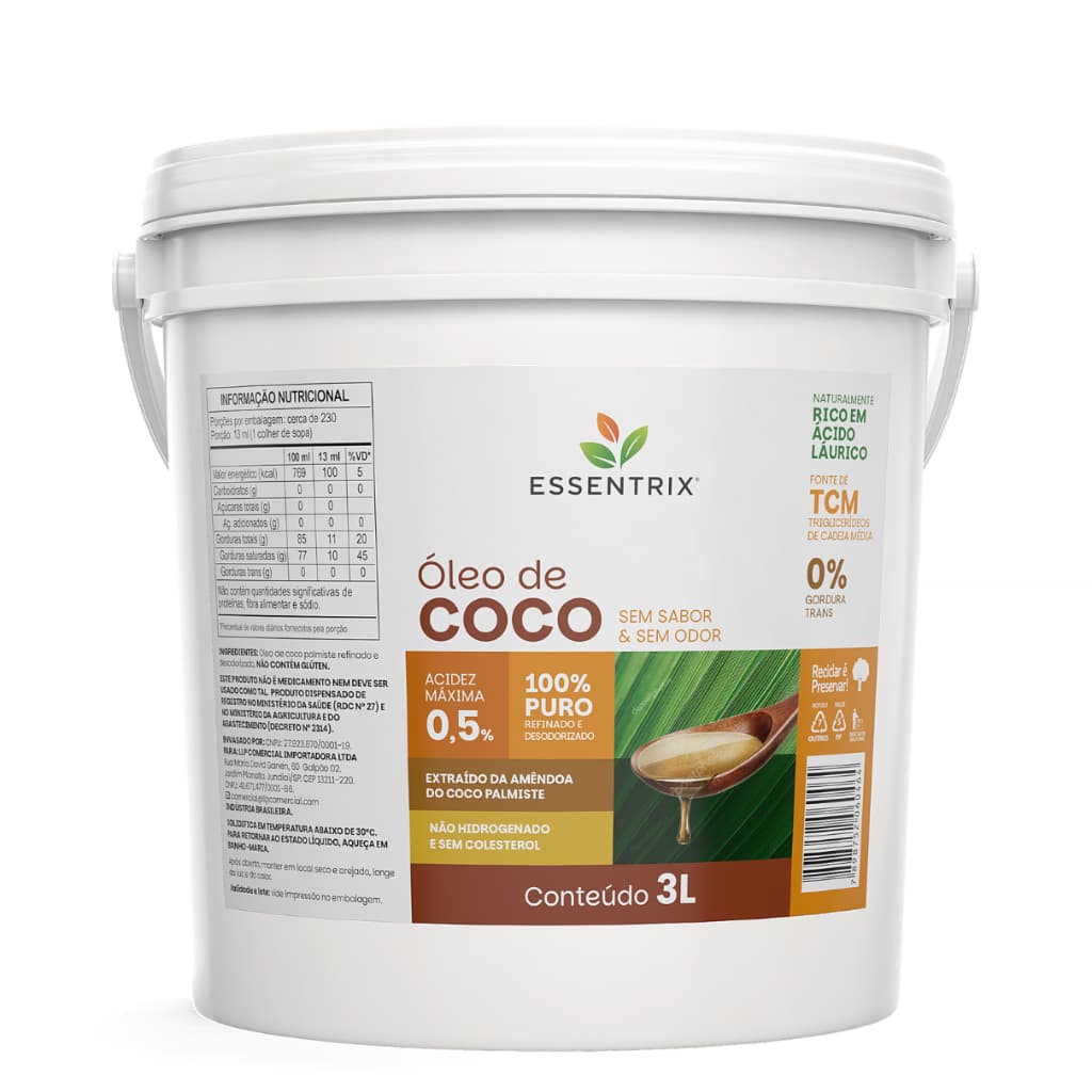Óleo De Coco Sem Sabor Sem Glúten Sem Colesterol ESSENTRIX - Balde 3 Litros