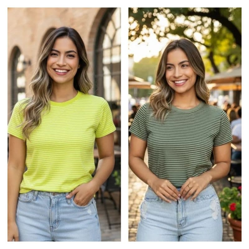 KIT 2 T-SHIRTS FEMININA LISTRADAS 100% ALGODÃO