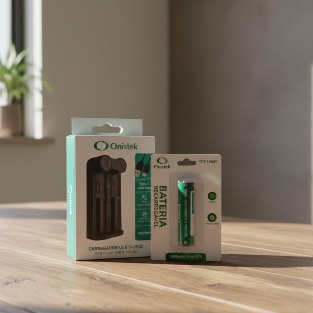 Kit Carregador Onistek 2 Slots AA/AAA/18650 + 1 Bateria 18650 Recarregável