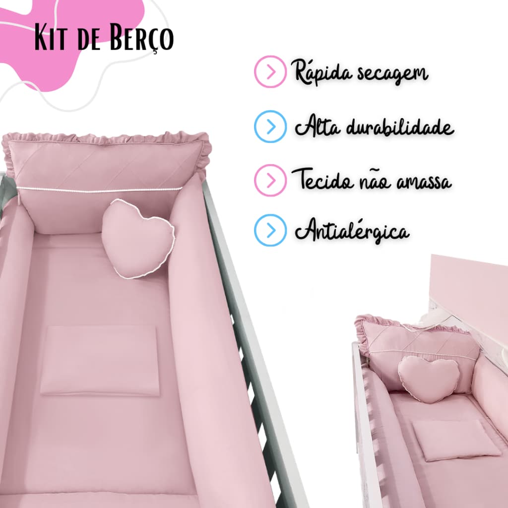 Kit Protetor para berco Americano ou Nacional Completo 10 peças Com Mosquiteiro  Menina Menino