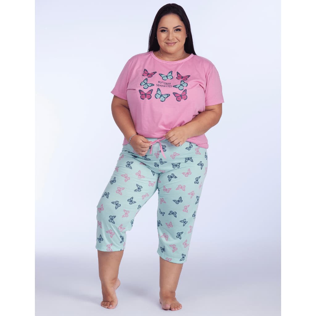 Pijama Pescador Plus Size Feminino Estampado Manga Curta e Calça Capri Promoção