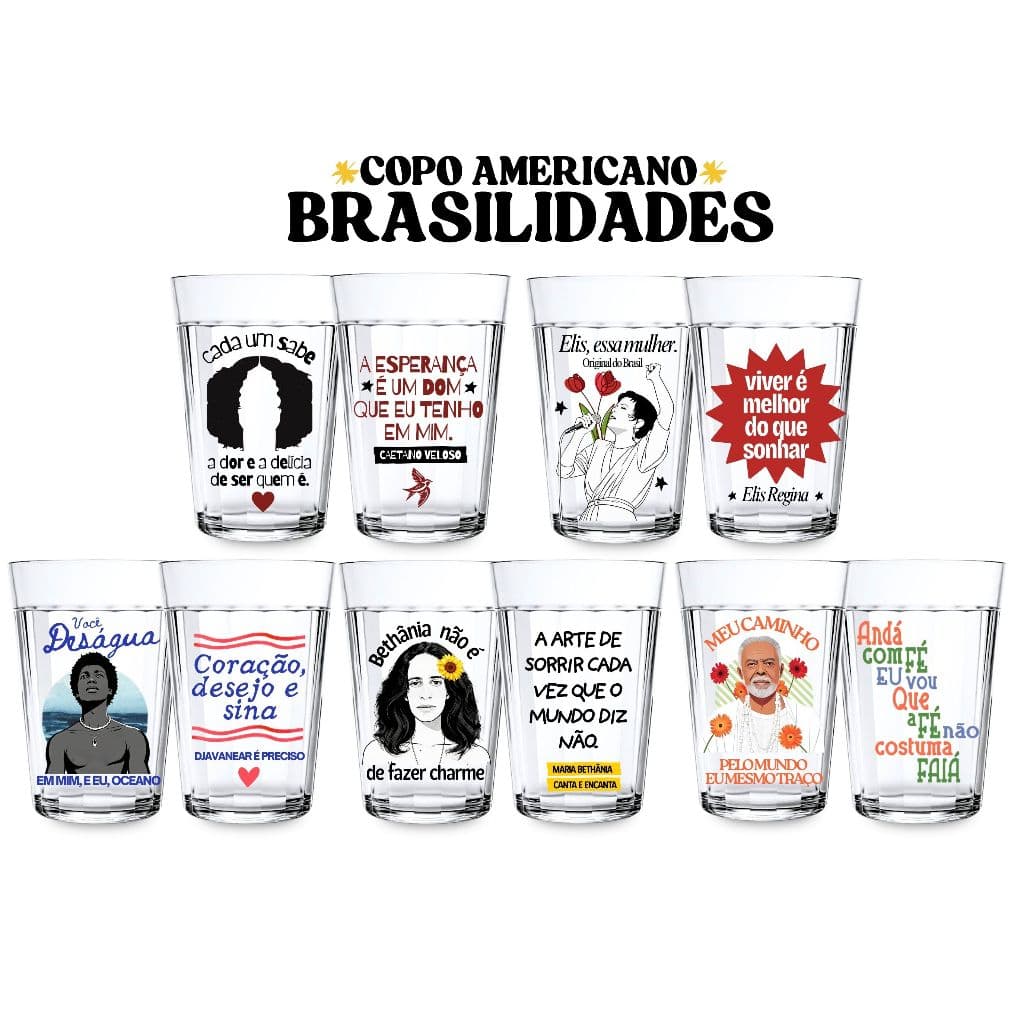 2 Copos Americano Clássicos MPB Música Brasileira Decorativo Bandas Presentes Estampa Alto Relevo