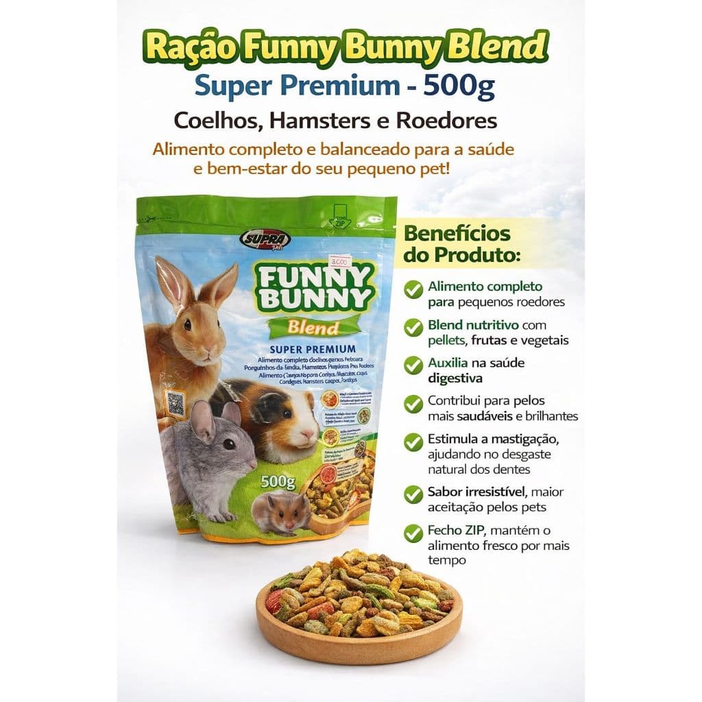 Ração Funny Bunny Blend - Nutrição Equilibrada com Fibras e Antioxidantes para Coelhos e Roedores, 500g x 2