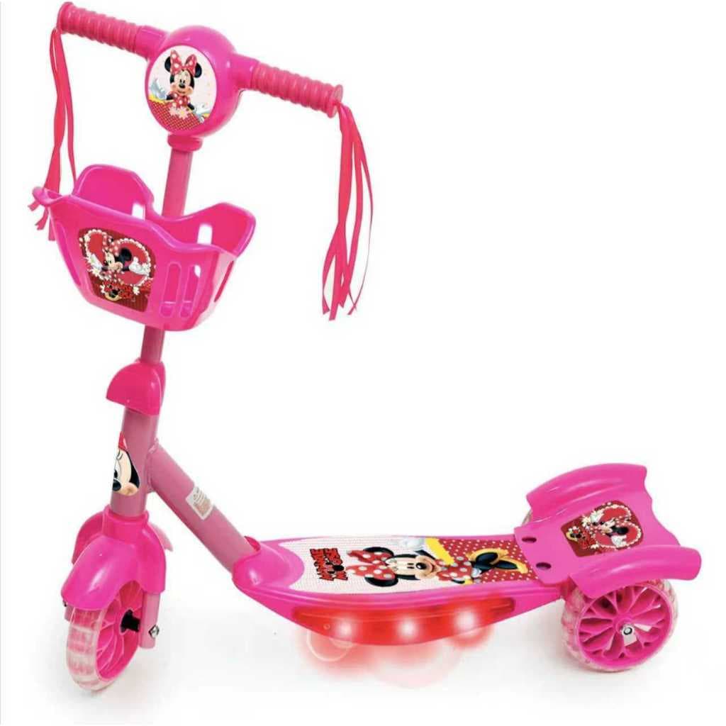 Patinete Infantil Meninas 3 Rodas Minnie Com Musica C/Cesta Luz  Musica Menor Preço Promoção