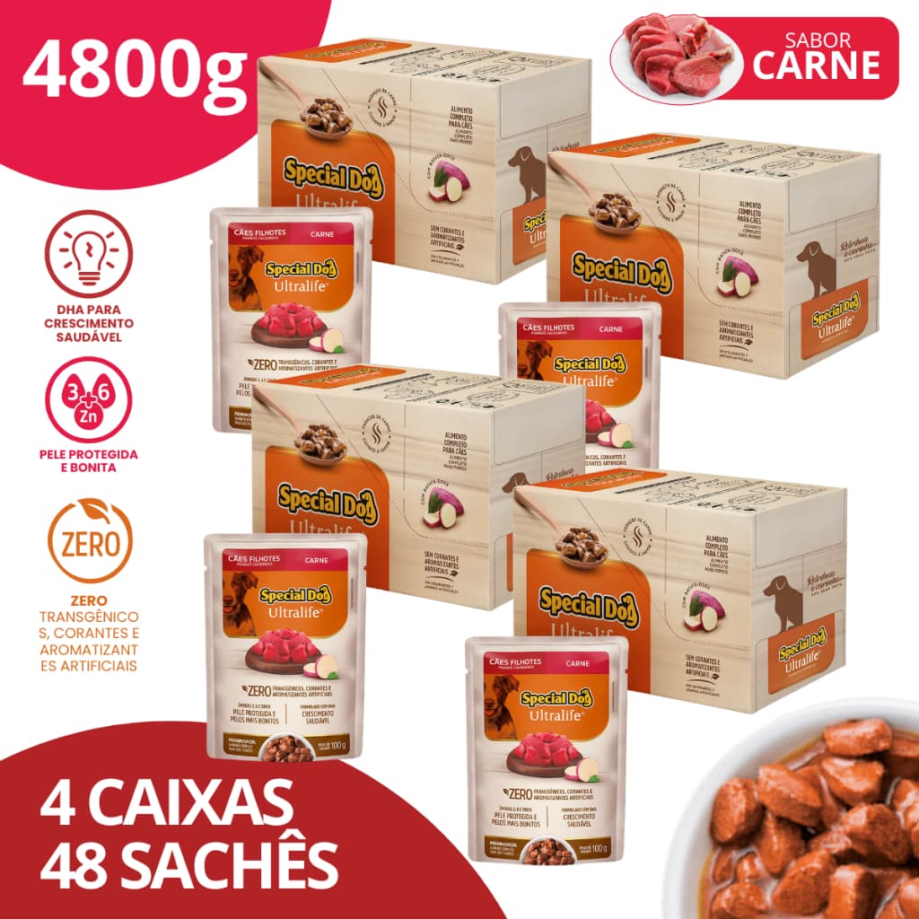 Kit 4 Caixa Sachê Filhotes Sabor Carne 100g -  Special Dog Ultralife
